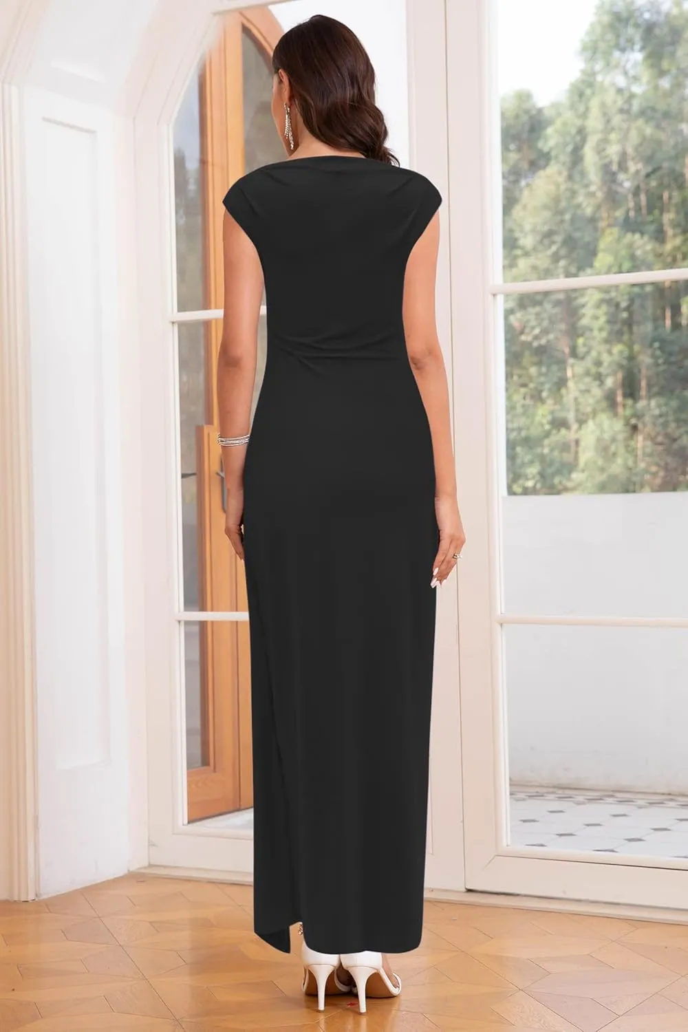 Women's 2025 Summer Ruched Bodycon Maxi Dress Casual Mock Neck Cap Sleeve Elegant Wedding Guest Cocktail Party Dresses