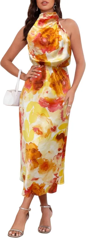 Women's 2025 Summer Satin Dress Elegant Formal Sleeveless Mock Neck Wedding Guest Cocktail Party Maxi Dresses