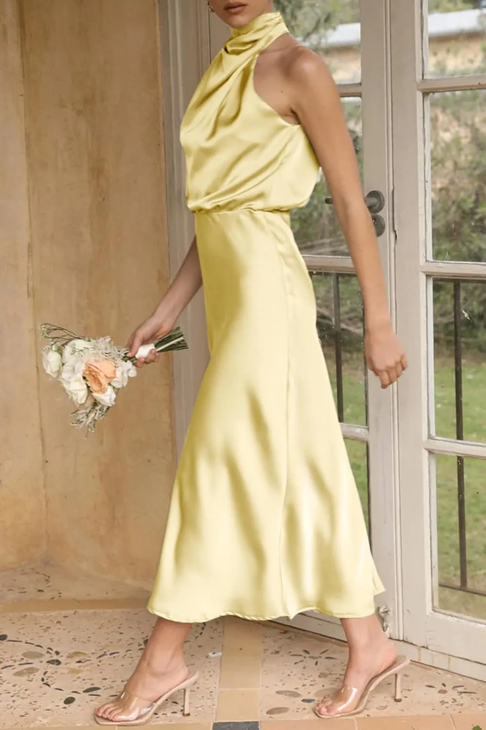 Women's 2025 Summer Satin Dress Elegant Formal Sleeveless Mock Neck Wedding Guest Cocktail Party Maxi Dresses