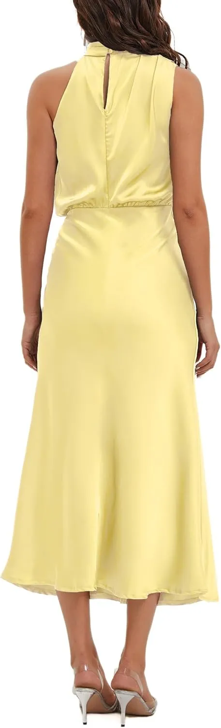 Women's 2025 Summer Satin Dress Elegant Formal Sleeveless Mock Neck Wedding Guest Cocktail Party Maxi Dresses
