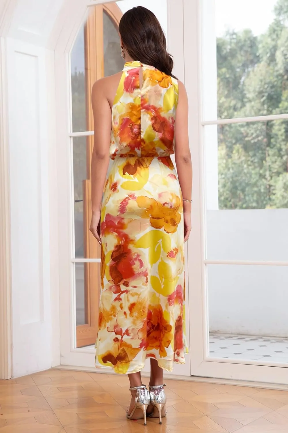 Women's 2025 Summer Satin Dress Elegant Formal Sleeveless Mock Neck Wedding Guest Cocktail Party Maxi Dresses