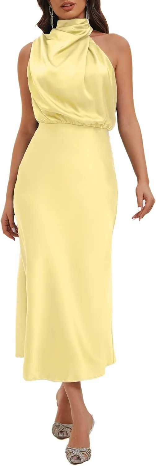 Women's 2025 Summer Satin Dress Elegant Formal Sleeveless Mock Neck Wedding Guest Cocktail Party Maxi Dresses