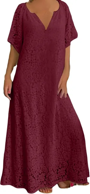 Women's 2025 Summer Short Sleeve Knee Length Dress V Neck Ruffle Hollow Out Eyelet Lace Dresses