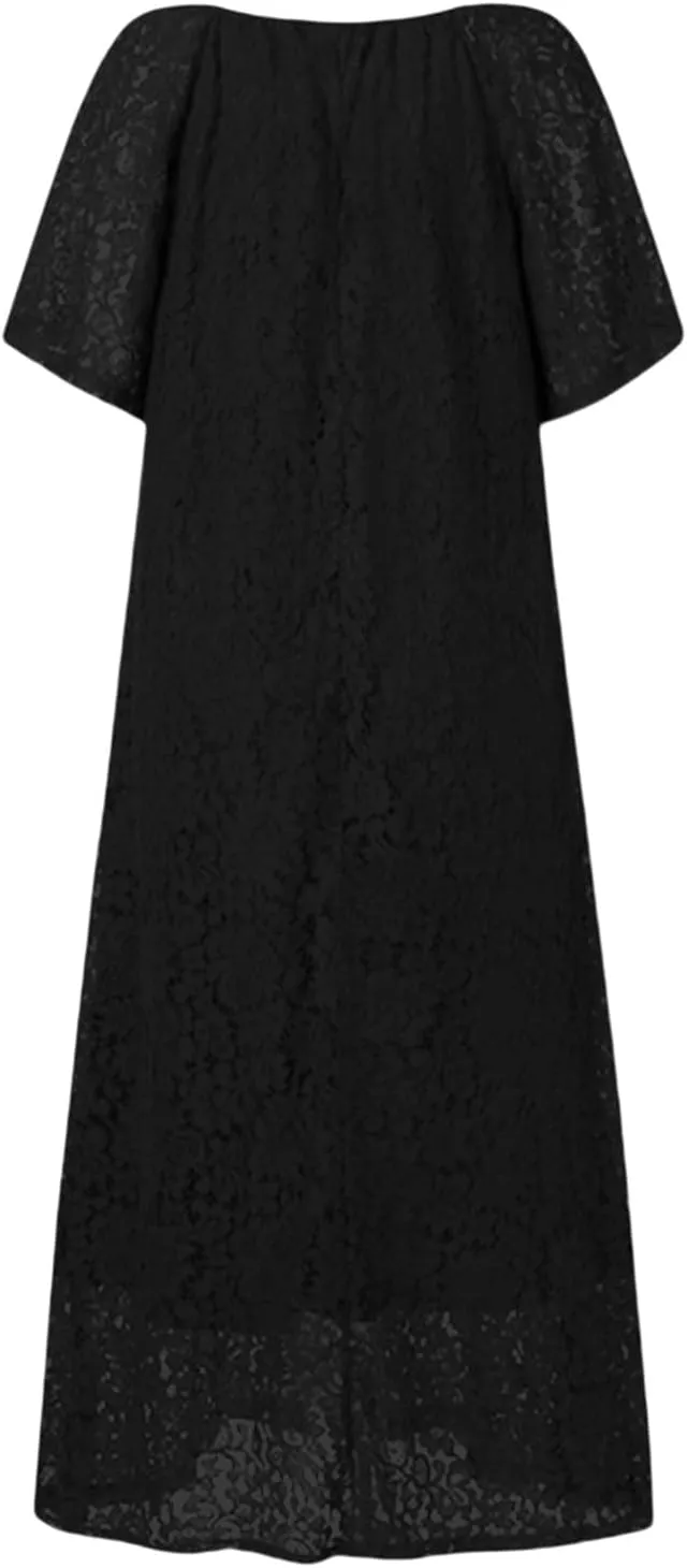 Women's 2025 Summer Short Sleeve Knee Length Dress V Neck Ruffle Hollow Out Eyelet Lace Dresses