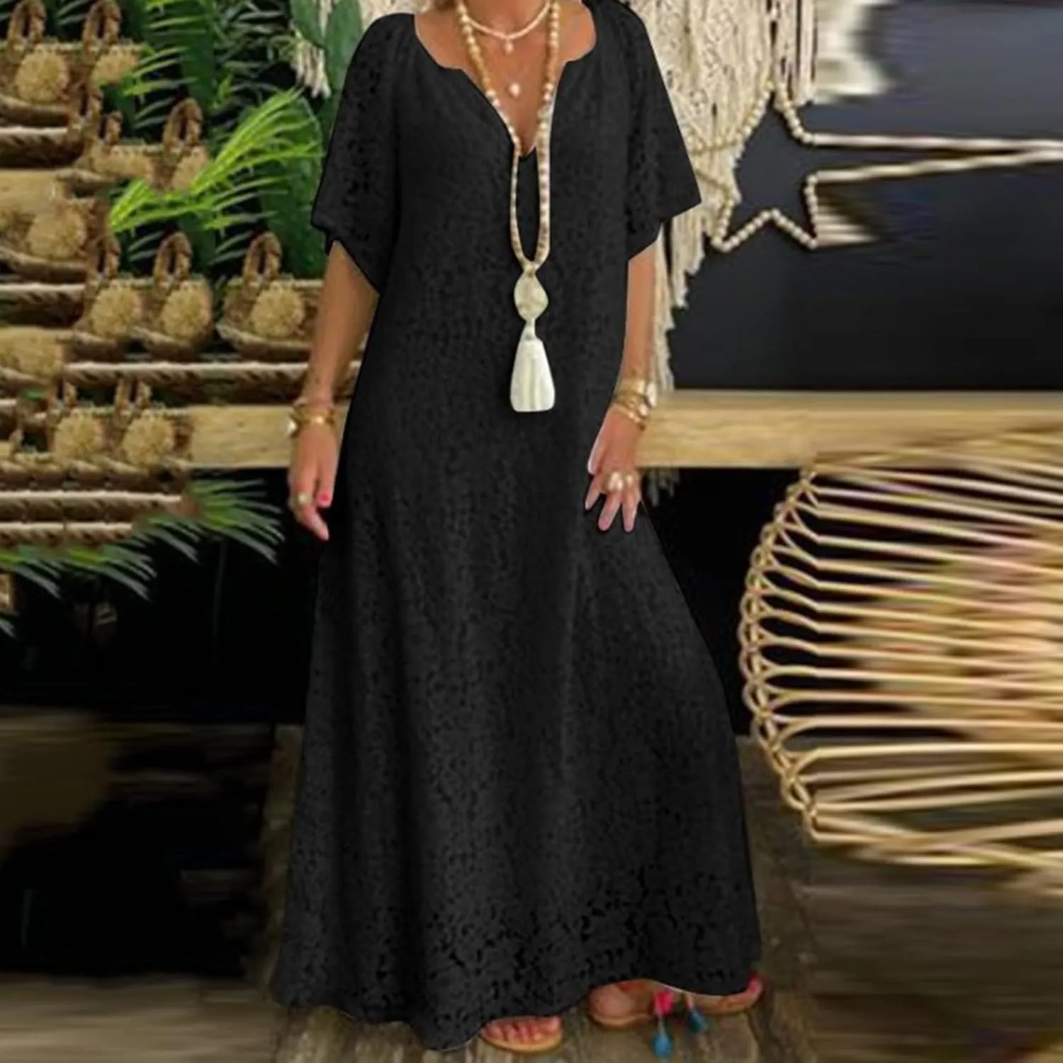 Women's 2025 Summer Short Sleeve Knee Length Dress V Neck Ruffle Hollow Out Eyelet Lace Dresses