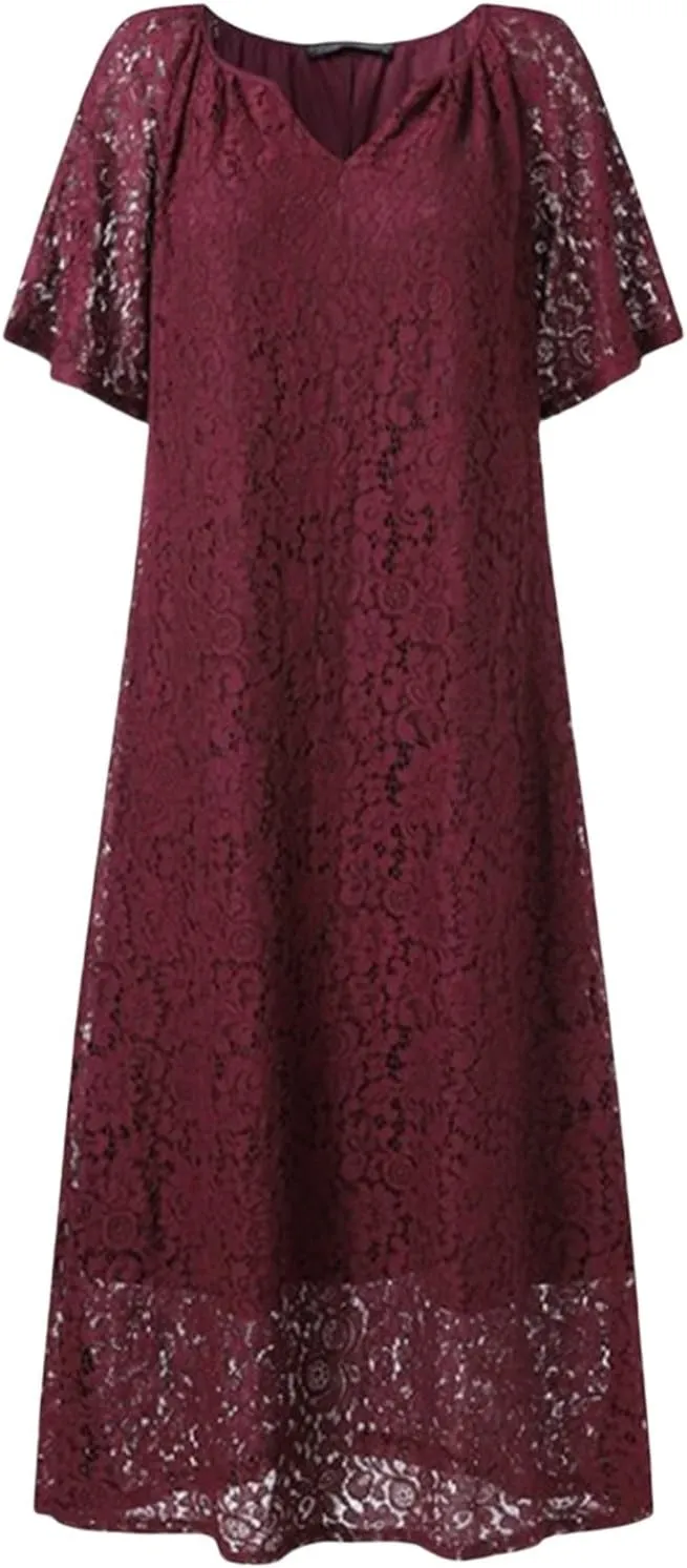 Women's 2025 Summer Short Sleeve Knee Length Dress V Neck Ruffle Hollow Out Eyelet Lace Dresses
