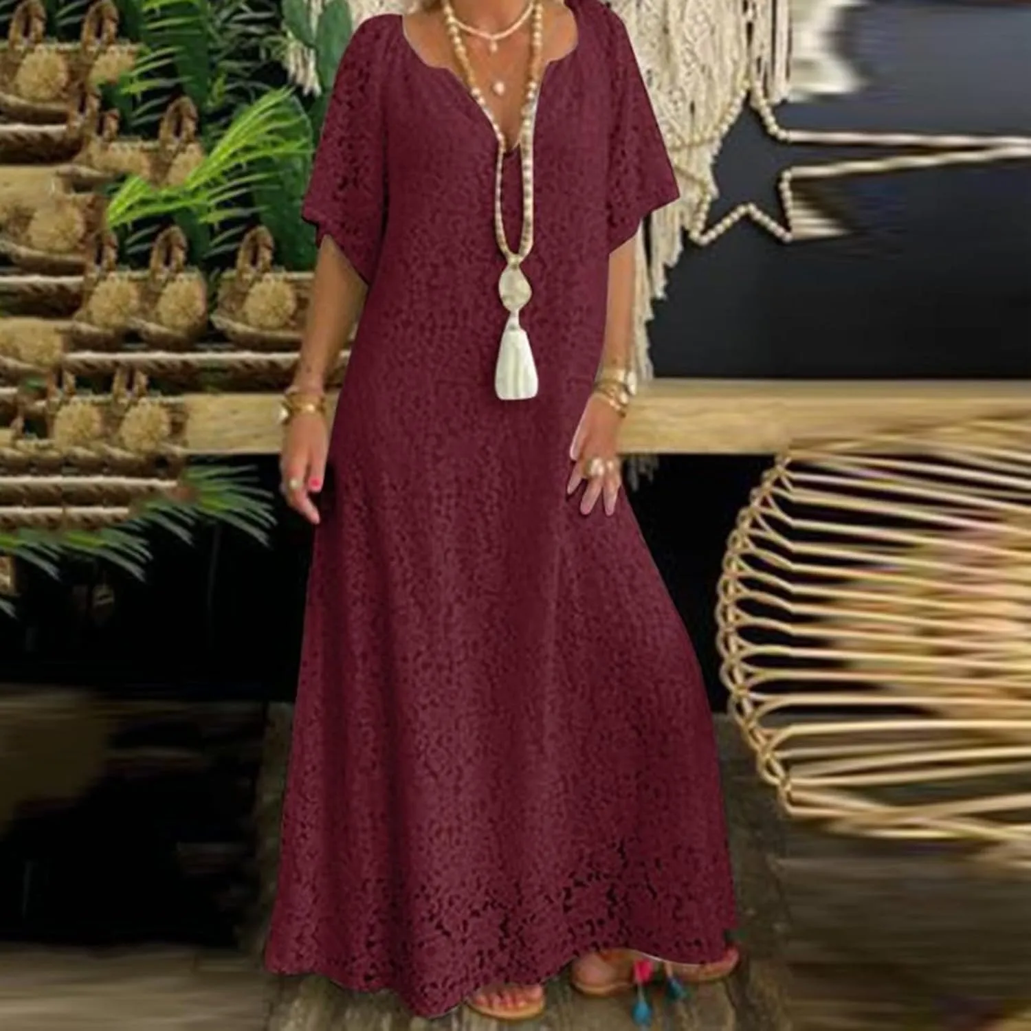 Women's 2025 Summer Short Sleeve Knee Length Dress V Neck Ruffle Hollow Out Eyelet Lace Dresses