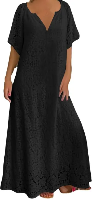Women's 2025 Summer Short Sleeve Knee Length Dress V Neck Ruffle Hollow Out Eyelet Lace Dresses