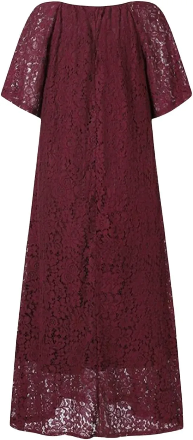 Women's 2025 Summer Short Sleeve Knee Length Dress V Neck Ruffle Hollow Out Eyelet Lace Dresses