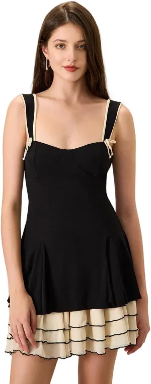 Women's Black Bodycon Knitted Skater Mini Dress Sexy Slip Silky Cocktail Party Dresses