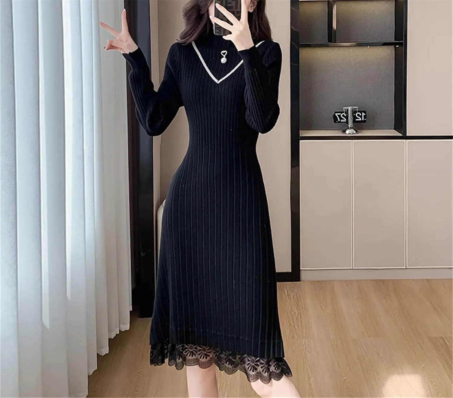 Women's Black Knit Pullover Dress - Half High Collar Lace Spliced Loose Fit