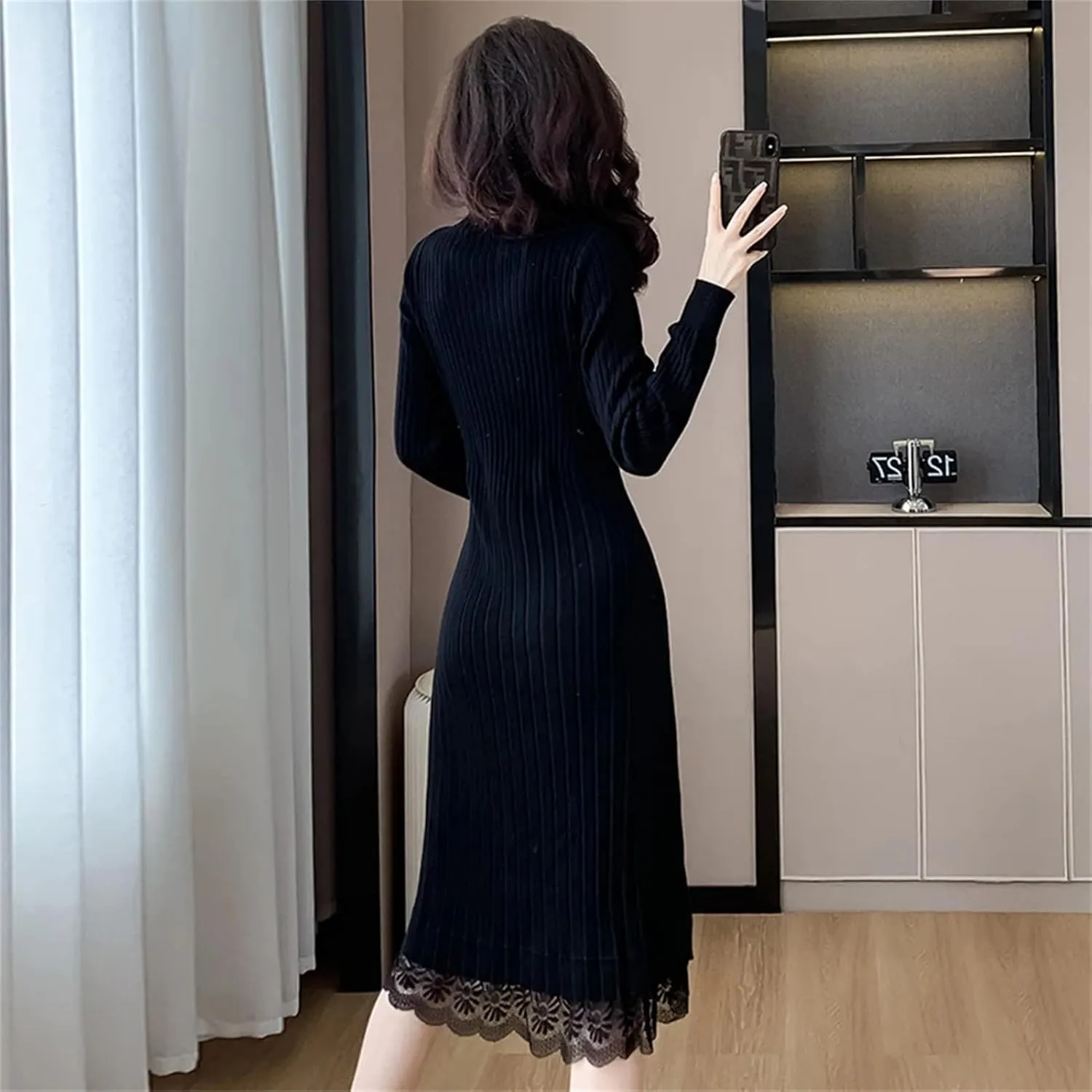 Women's Black Knit Pullover Dress - Half High Collar Lace Spliced Loose Fit