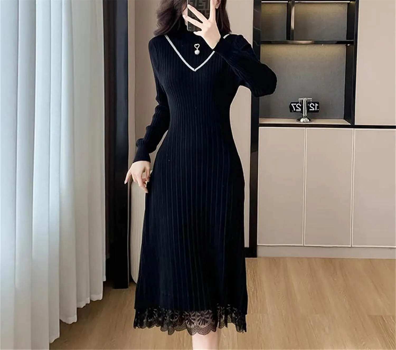 Women's Black Knit Pullover Dress - Half High Collar Lace Spliced Loose Fit