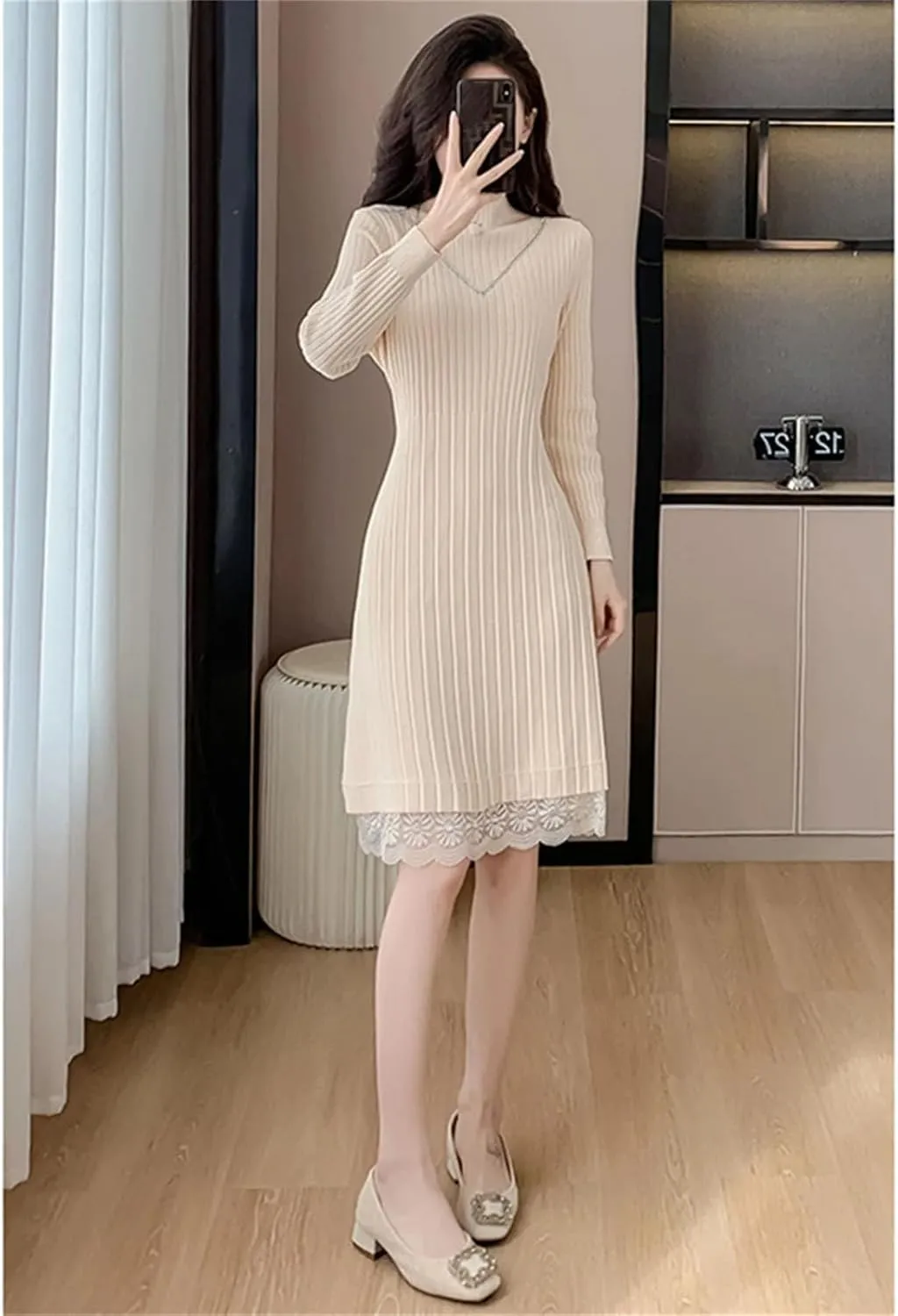 Women's Black Knit Pullover Dress - Half High Collar Lace Spliced Loose Fit