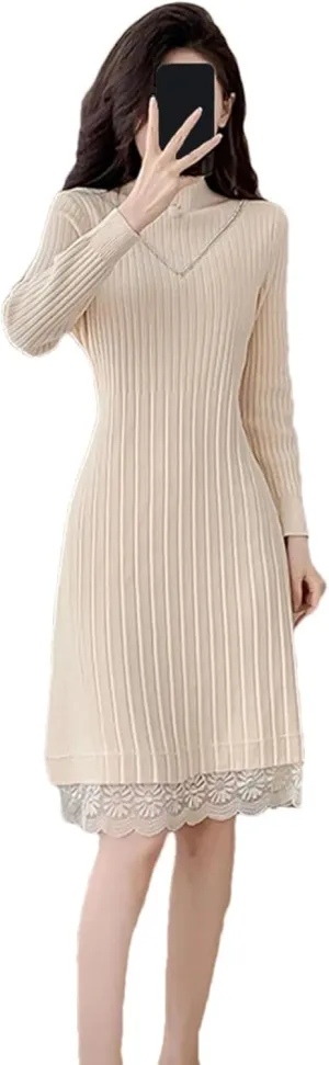 Women's Black Knit Pullover Dress - Half High Collar Lace Spliced Loose Fit