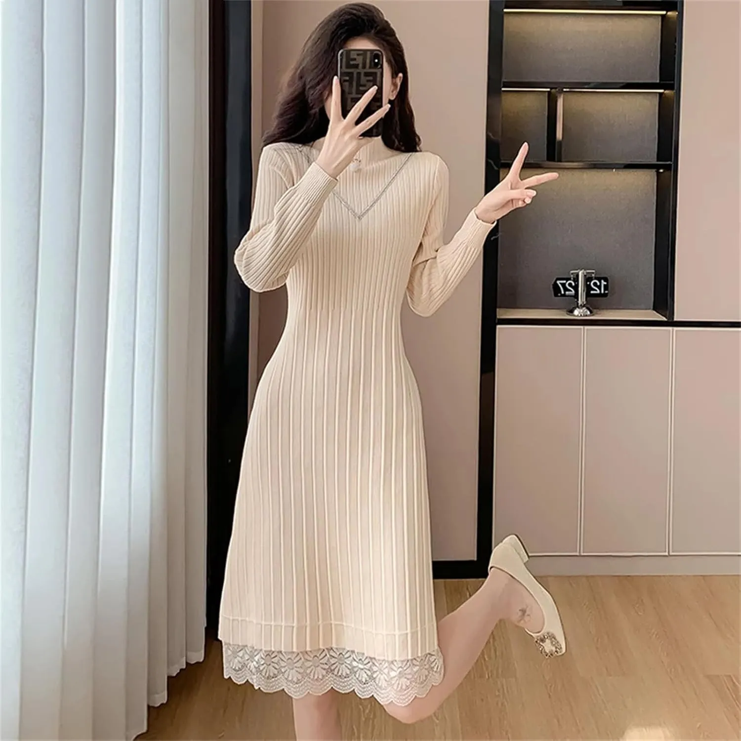 Women's Black Knit Pullover Dress - Half High Collar Lace Spliced Loose Fit