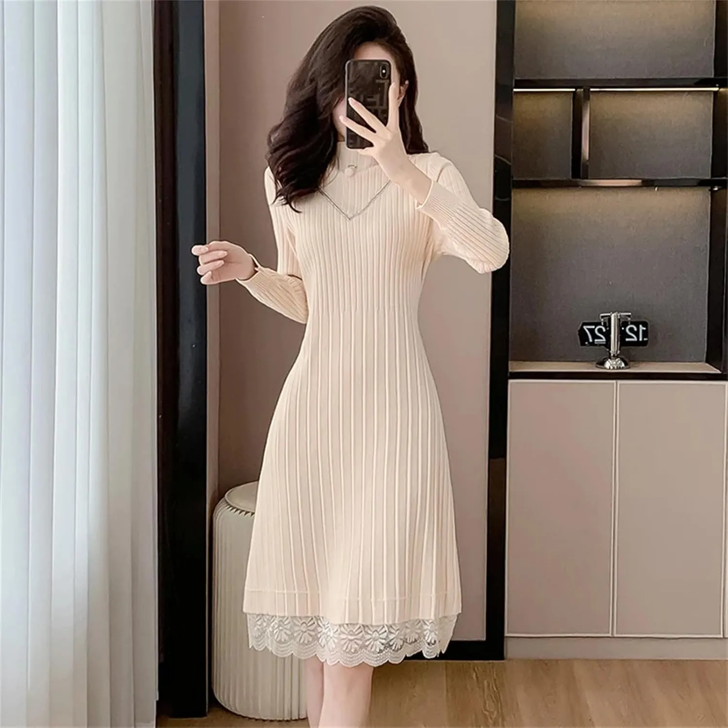 Women's Black Knit Pullover Dress - Half High Collar Lace Spliced Loose Fit