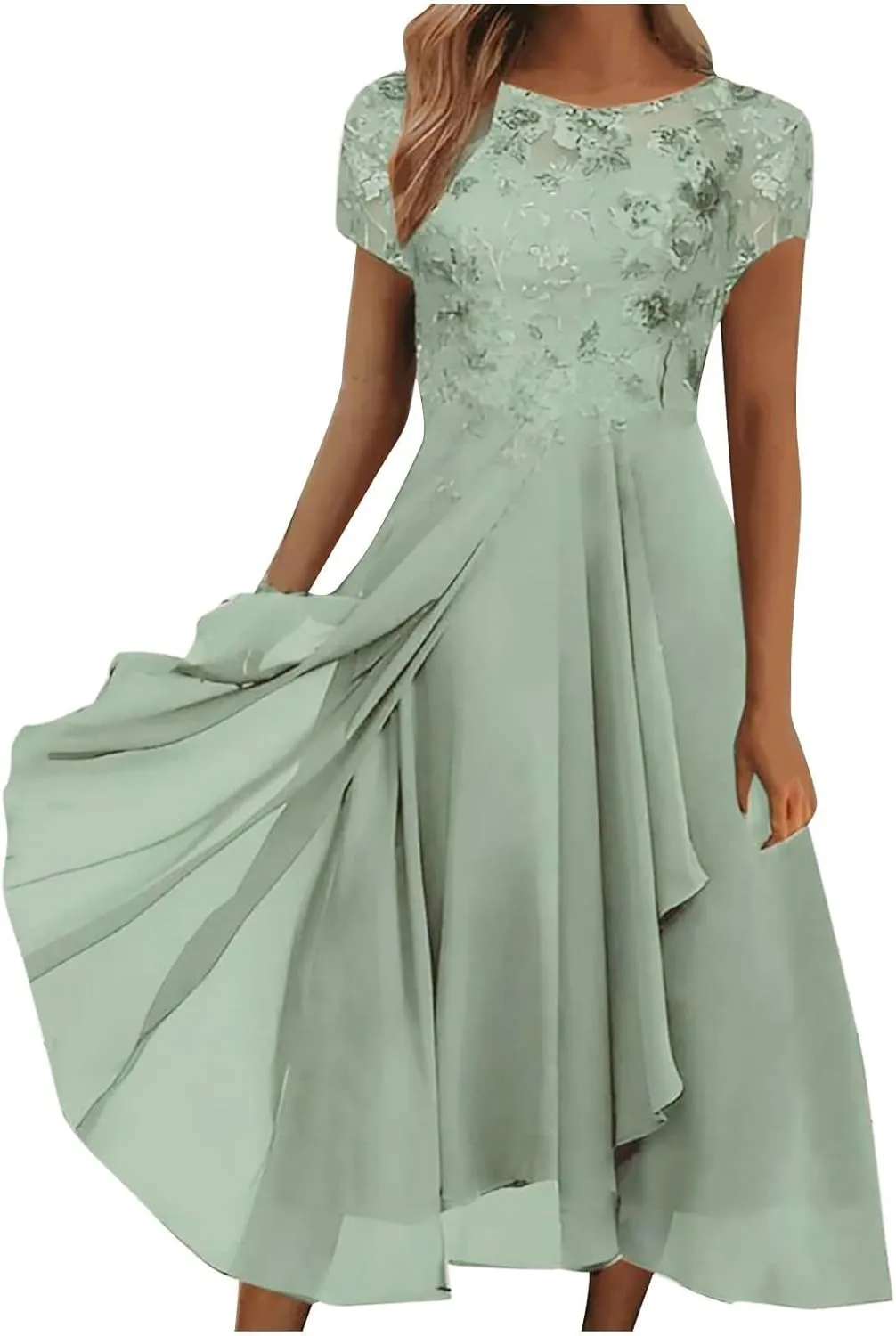 Women's Blue Floral Elegant Patchwork Chiffon Lace Cut-Out Maxi Dress - Adult Women's Formal/Casual Occasion Wear