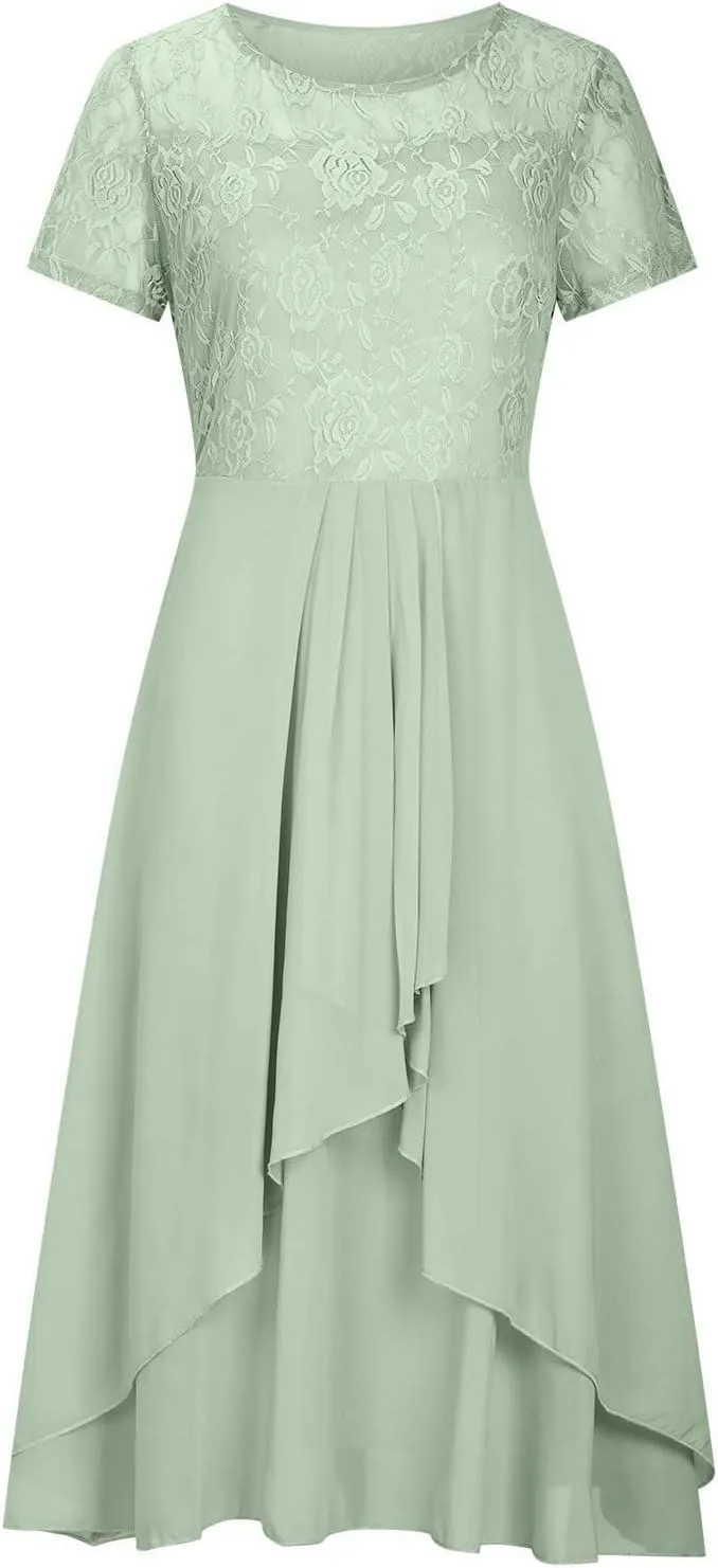 Women's Blue Floral Elegant Patchwork Chiffon Lace Cut-Out Maxi Dress - Adult Women's Formal/Casual Occasion Wear