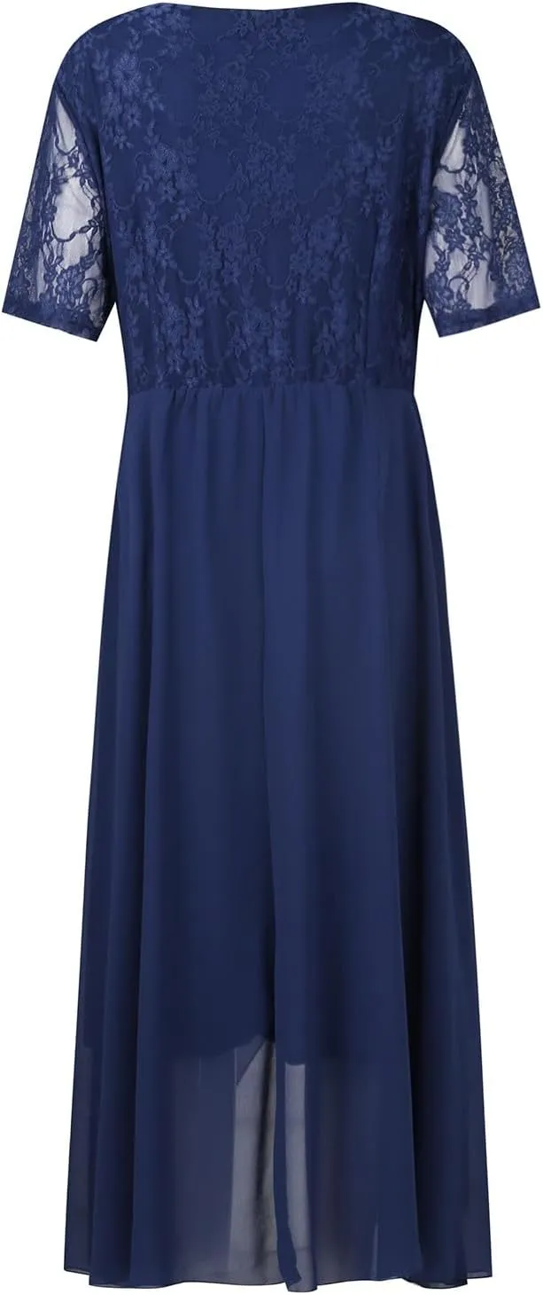 Women's Blue Floral Elegant Patchwork Chiffon Lace Cut-Out Maxi Dress - Adult Women's Formal/Casual Occasion Wear