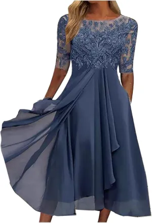 Women's Blue Floral Elegant Patchwork Chiffon Lace Cut-Out Maxi Dress - Adult Women's Formal/Casual Occasion Wear