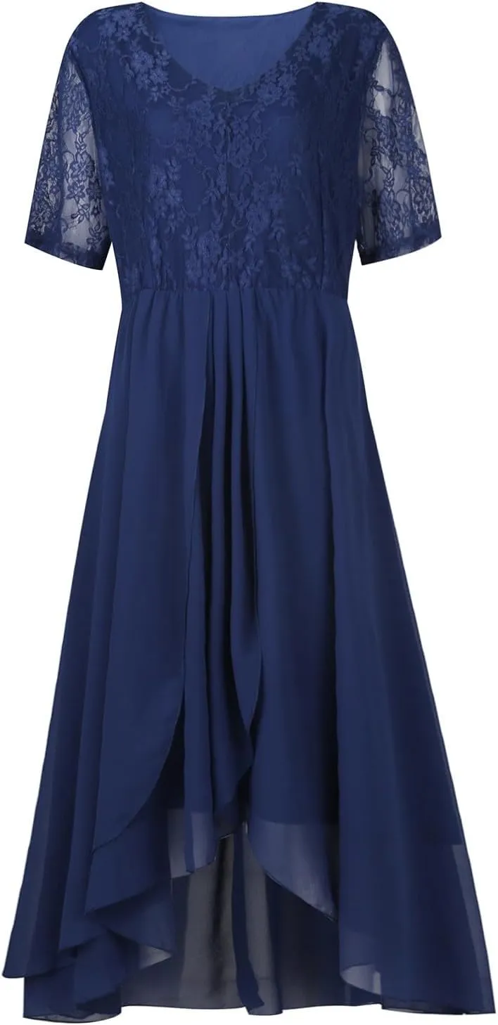 Women's Blue Floral Elegant Patchwork Chiffon Lace Cut-Out Maxi Dress - Adult Women's Formal/Casual Occasion Wear