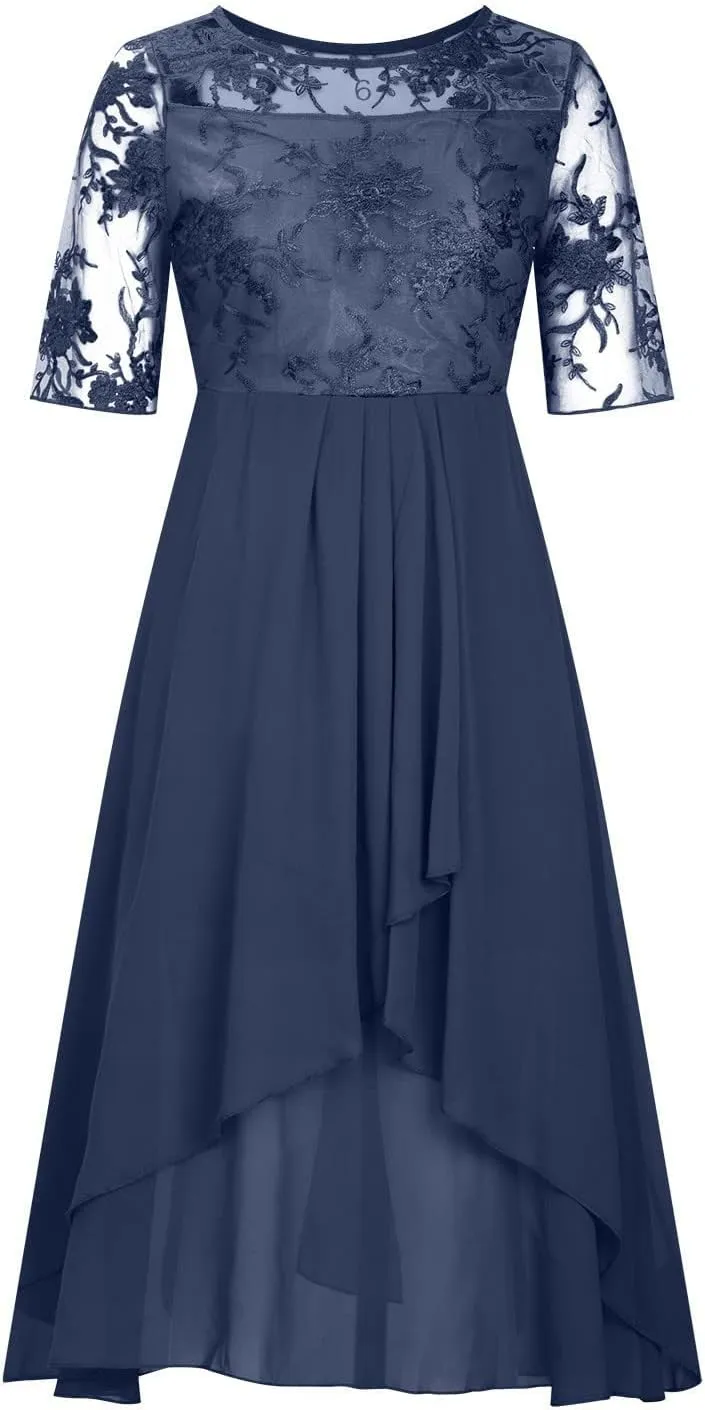 Women's Blue Floral Elegant Patchwork Chiffon Lace Cut-Out Maxi Dress - Adult Women's Formal/Casual Occasion Wear
