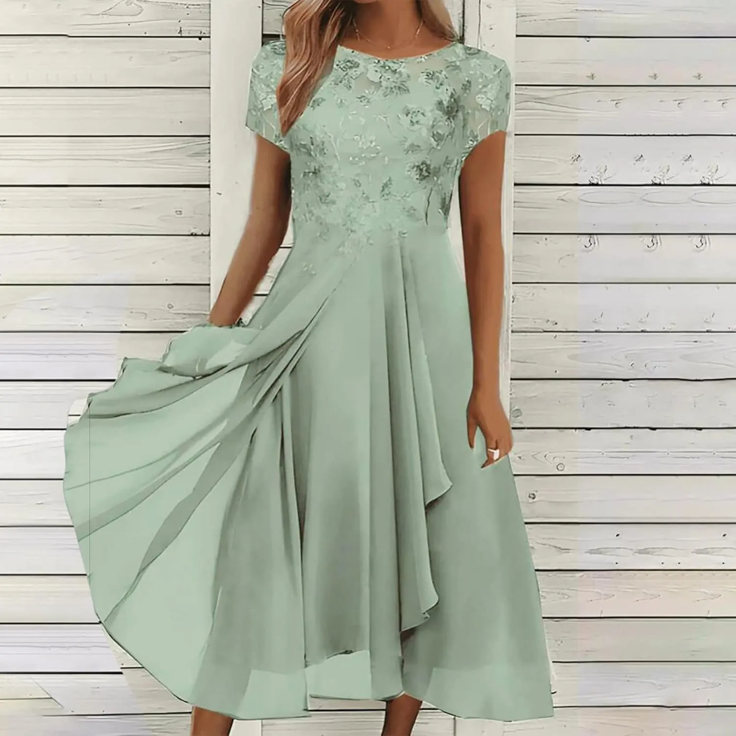 Women's Blue Floral Elegant Patchwork Chiffon Lace Cut-Out Maxi Dress - Adult Women's Formal/Casual Occasion Wear