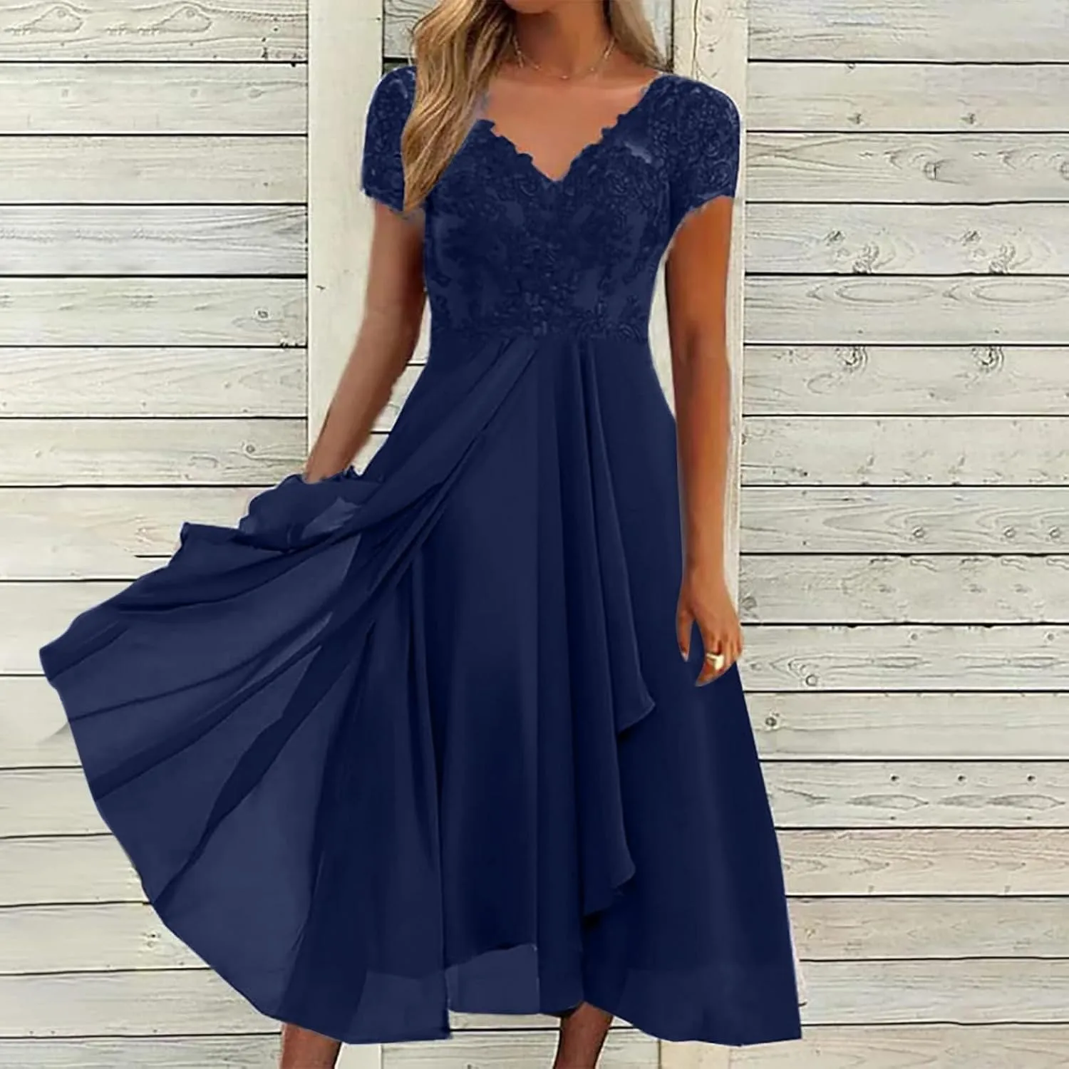 Women's Blue Floral Elegant Patchwork Chiffon Lace Cut-Out Maxi Dress - Adult Women's Formal/Casual Occasion Wear