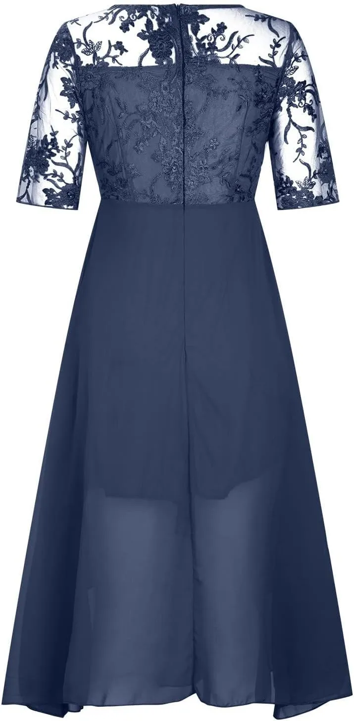 Women's Blue Floral Elegant Patchwork Chiffon Lace Cut-Out Maxi Dress - Adult Women's Formal/Casual Occasion Wear