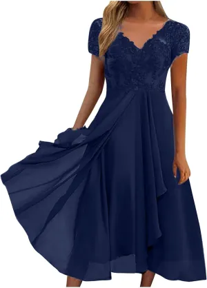Women's Blue Floral Elegant Patchwork Chiffon Lace Cut-Out Maxi Dress - Adult Women's Formal/Casual Occasion Wear