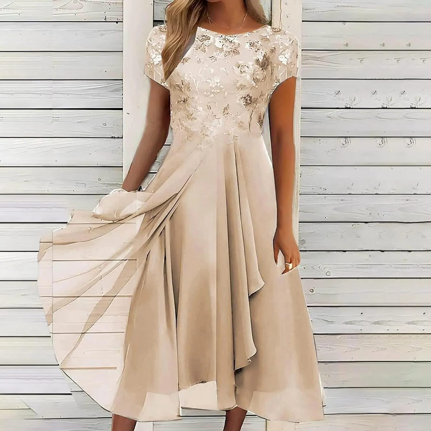 Women's Blue Floral Elegant Patchwork Chiffon Lace Cut-Out Maxi Dress - Adult Women's Formal/Casual Occasion Wear