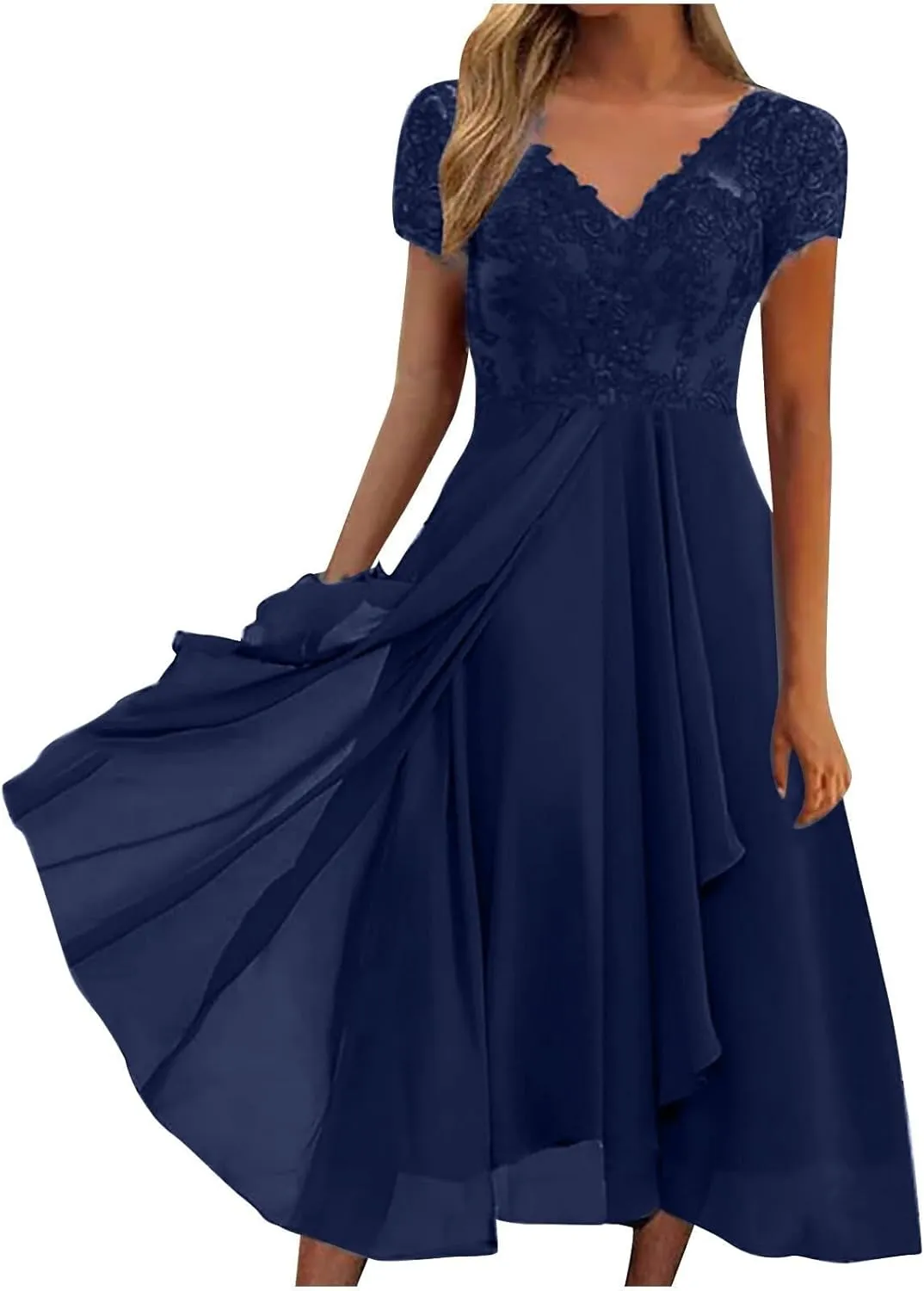 Women's Blue Floral Elegant Patchwork Chiffon Lace Cut-Out Maxi Dress - Adult Women's Formal/Casual Occasion Wear