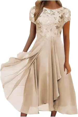 Women's Blue Floral Elegant Patchwork Chiffon Lace Cut-Out Maxi Dress - Adult Women's Formal/Casual Occasion Wear