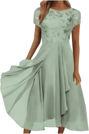Women's Blue Floral Elegant Patchwork Chiffon Lace Cut-Out Maxi Dress - Adult Women's Formal/Casual Occasion Wear