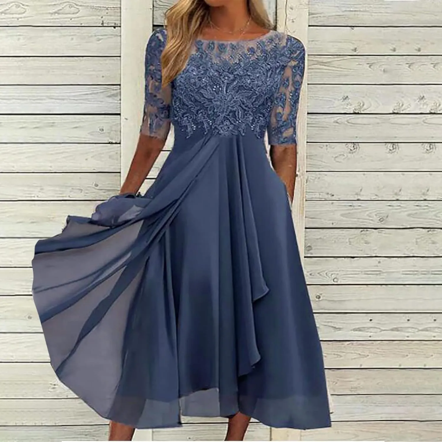 Women's Blue Floral Elegant Patchwork Chiffon Lace Cut-Out Maxi Dress - Adult Women's Formal/Casual Occasion Wear