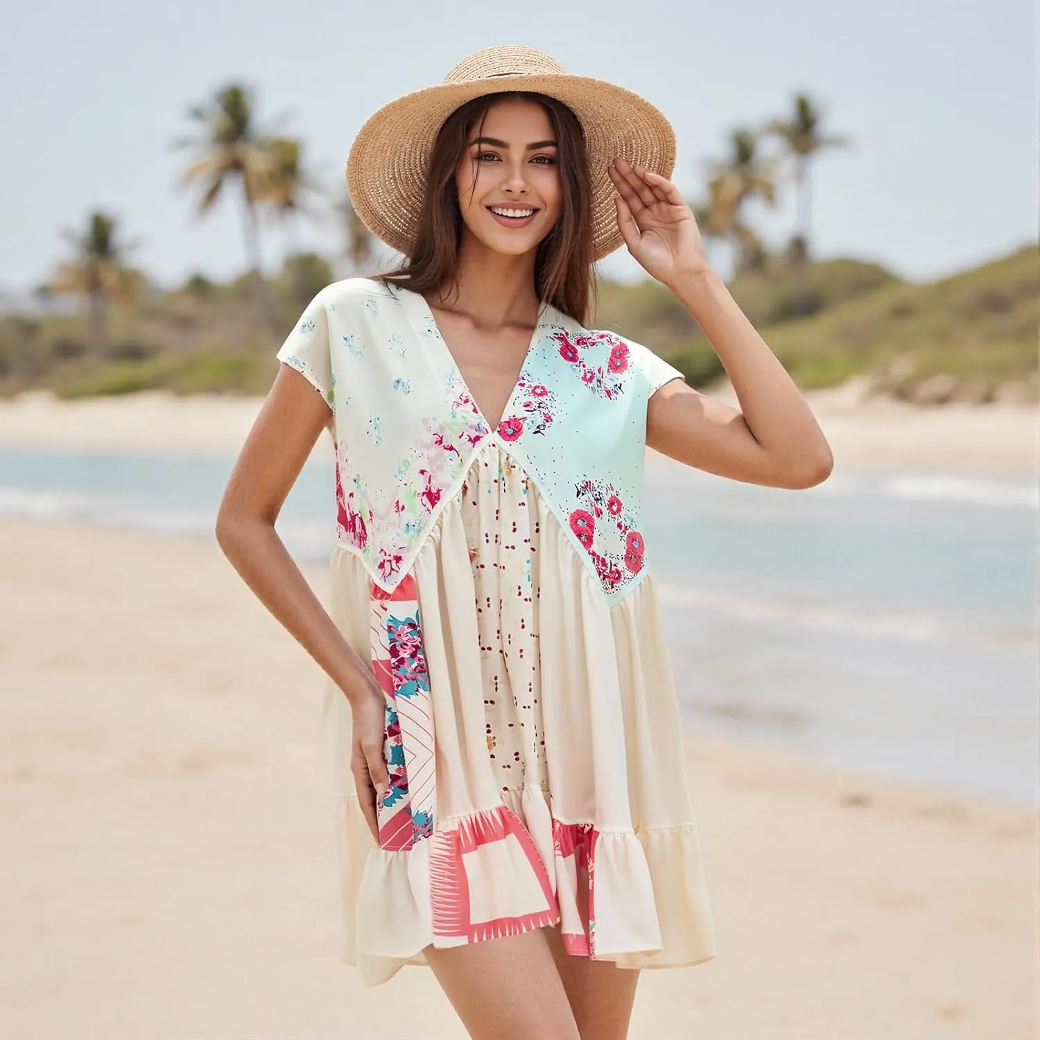 Womens Boho Mini Dress Y2k Floral Print Deep V-Neck Puff Sleeve Short Dress 2025 Summer Loose Beach Sundress