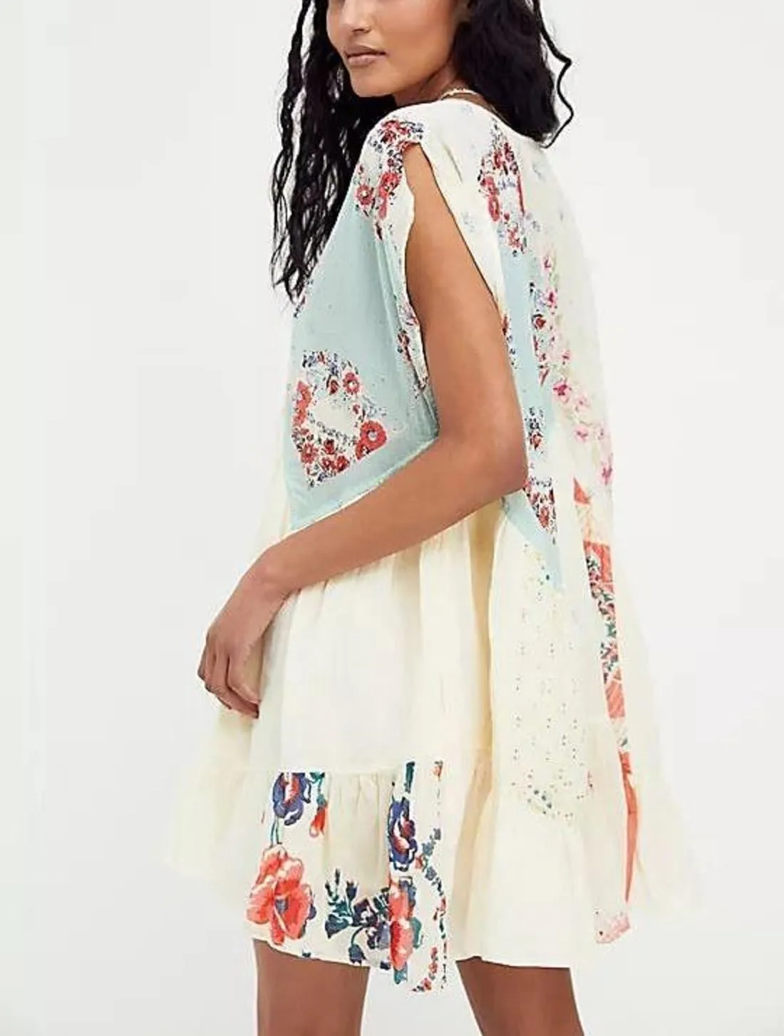 Womens Boho Mini Dress Y2k Floral Print Deep V-Neck Puff Sleeve Short Dress 2025 Summer Loose Beach Sundress