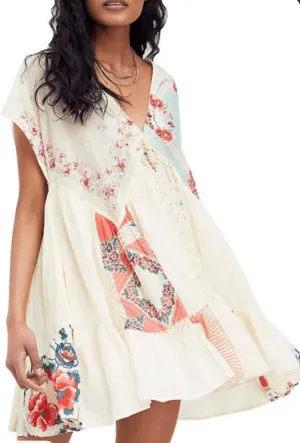 Womens Boho Mini Dress Y2k Floral Print Deep V-Neck Puff Sleeve Short Dress 2025 Summer Loose Beach Sundress