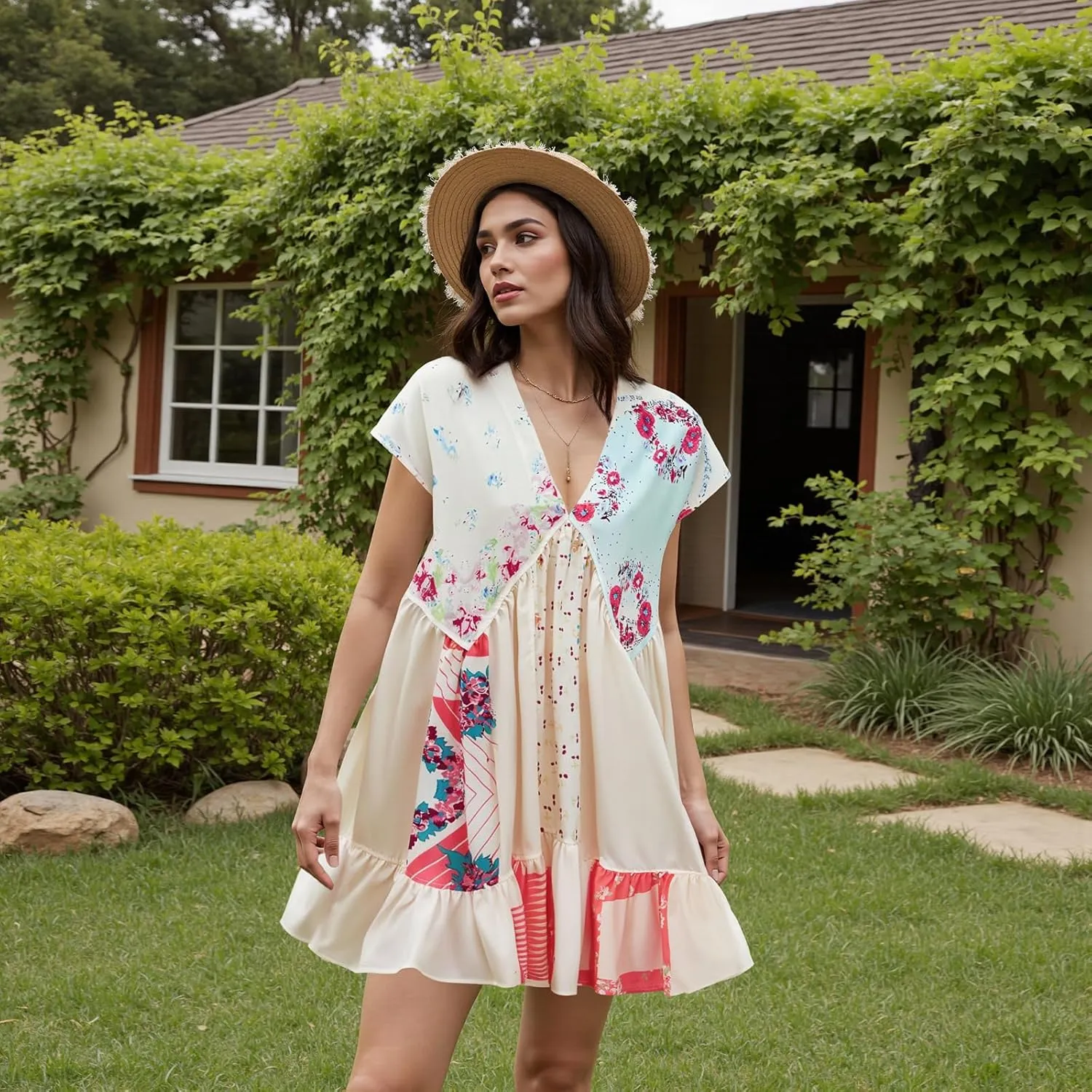 Womens Boho Mini Dress Y2k Floral Print Deep V-Neck Puff Sleeve Short Dress 2025 Summer Loose Beach Sundress
