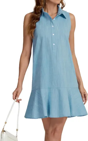 Women's Button Down Shirt Dress with Pockets Sleeveless Cotton Linen Cover Ups Casual Tunic Blouse Top Lake Blue