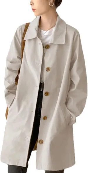 Women's Button Spliced Trench Coat ?C Casual Loose Fit All-Match Solid Color Work Office Medium-Length Jacket