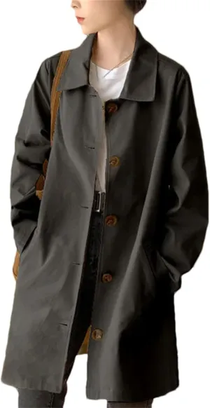 Women's Button Spliced Trench Coat ?C Casual Loose Fit All-Match Solid Color Work Office Medium-Length Jacket