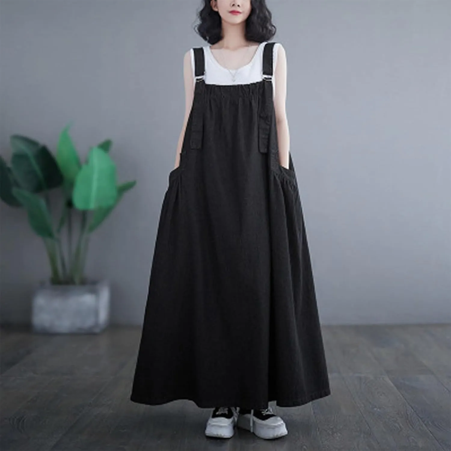 Women's Casual Loose Denim Dress Sleeveless Adjustable Straps Denim Jumper Dress with Pockets