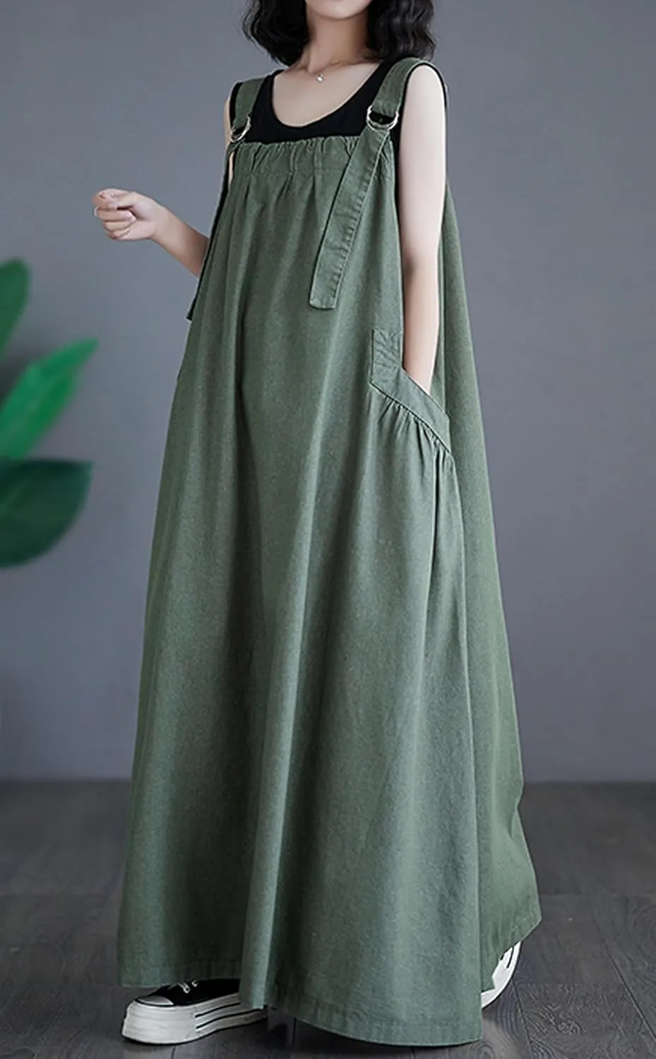 Women's Casual Loose Denim Dress Sleeveless Adjustable Straps Denim Jumper Dress with Pockets
