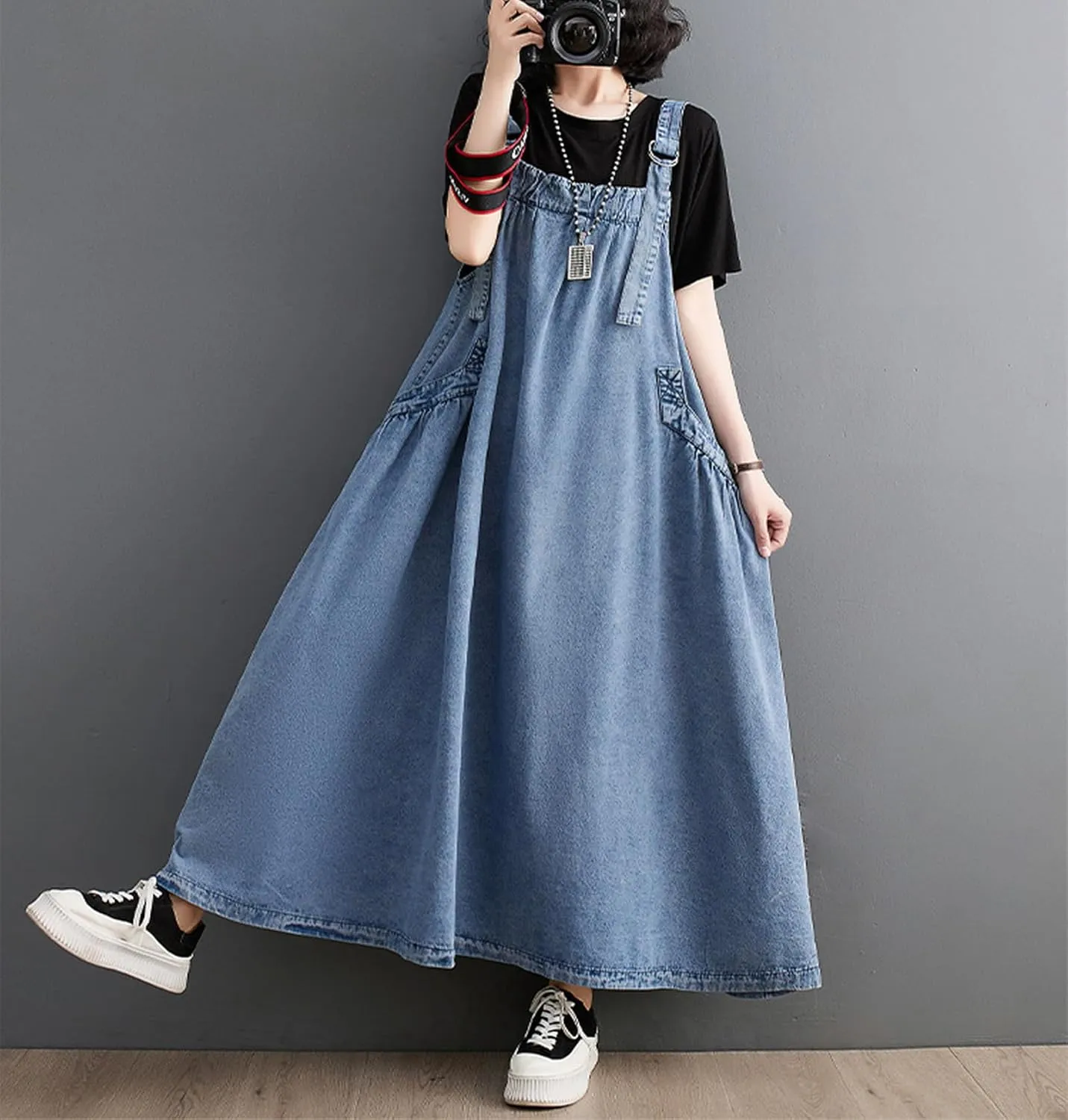 Women's Casual Loose Denim Dress Sleeveless Adjustable Straps Denim Jumper Dress with Pockets