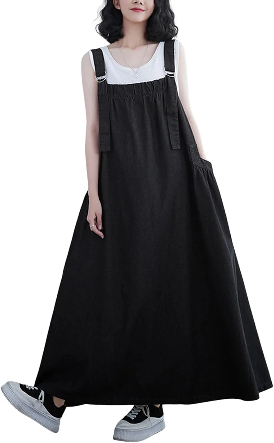 Women's Casual Loose Denim Dress Sleeveless Adjustable Straps Denim Jumper Dress with Pockets