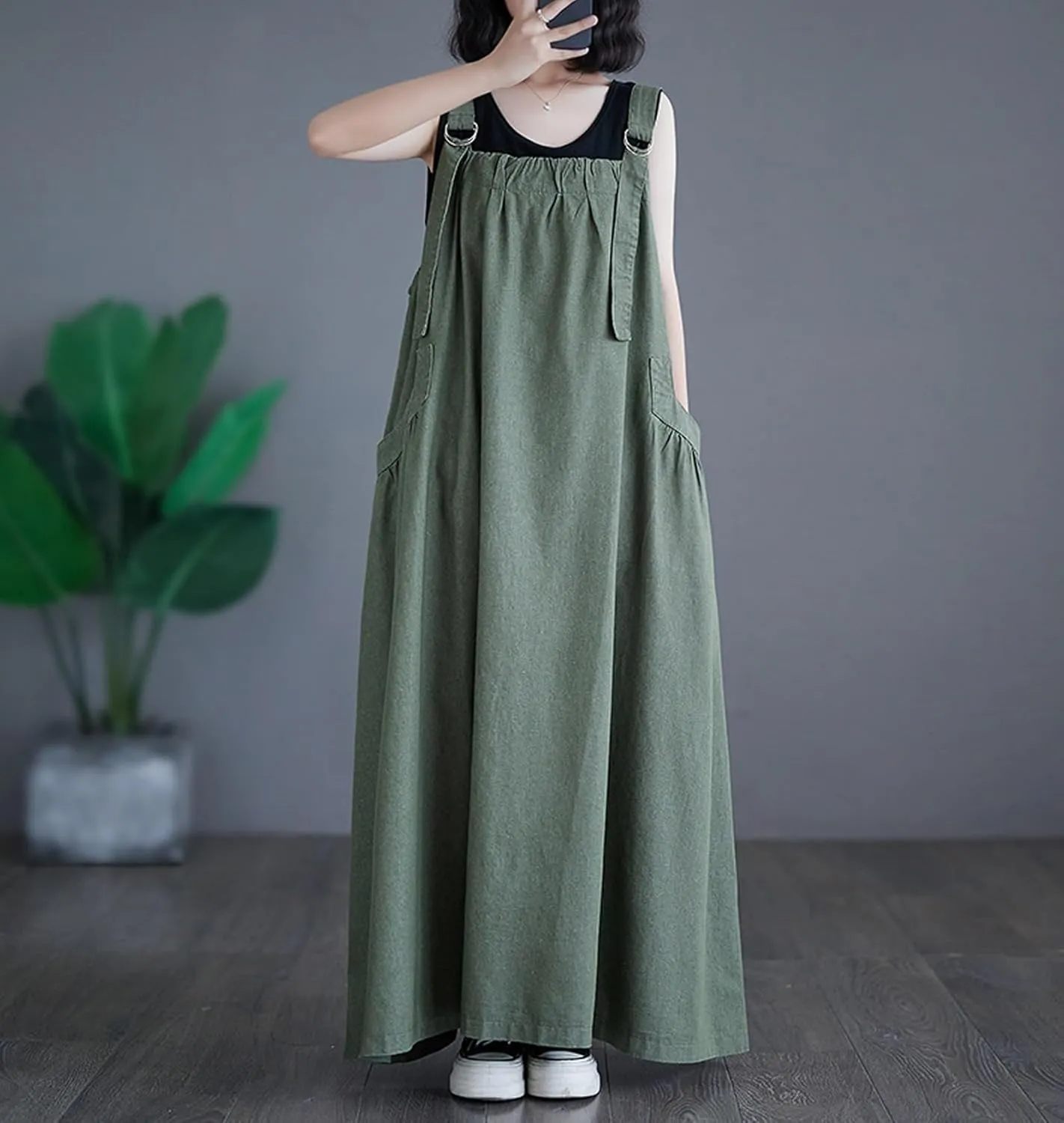 Women's Casual Loose Denim Dress Sleeveless Adjustable Straps Denim Jumper Dress with Pockets