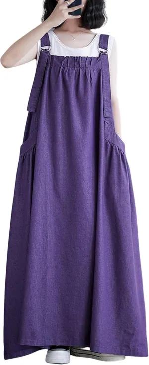 Women's Casual Loose Denim Dress Sleeveless Adjustable Straps Denim Jumper Dress with Pockets