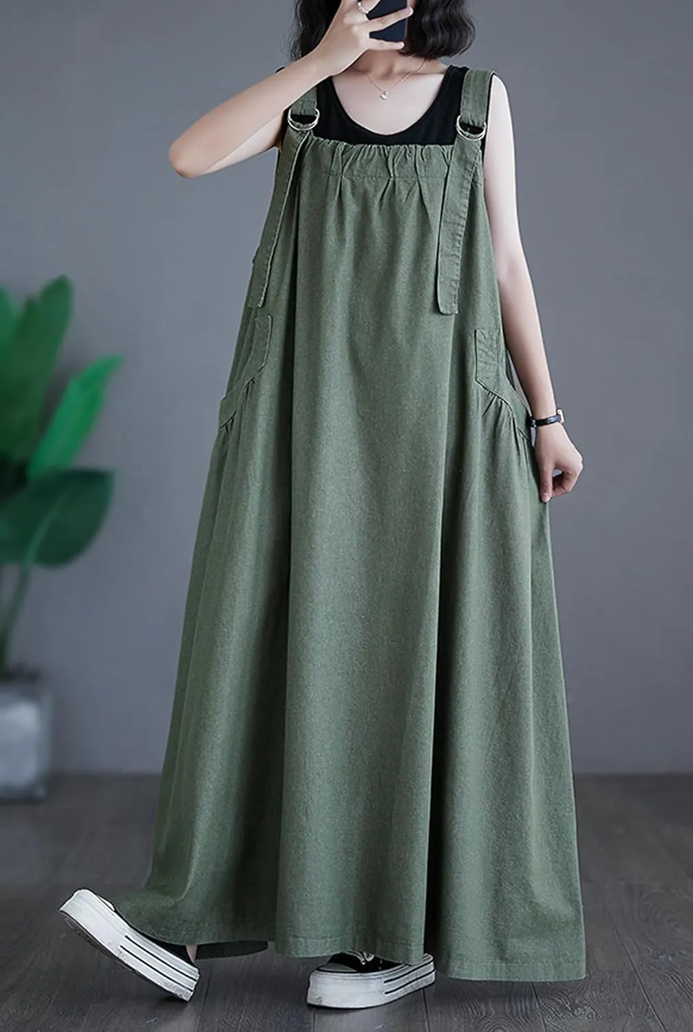 Women's Casual Loose Denim Dress Sleeveless Adjustable Straps Denim Jumper Dress with Pockets